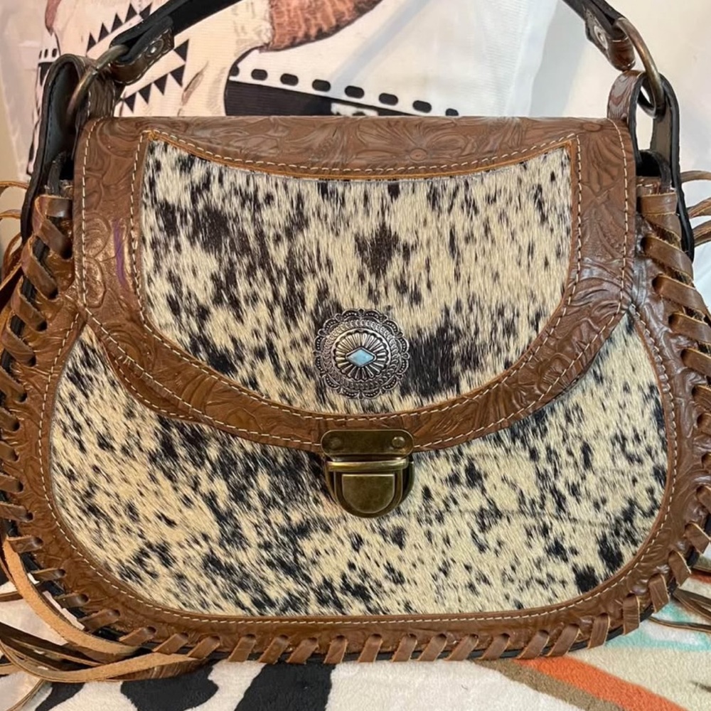Cowhide and Brown Leather Western Crossbody Bag